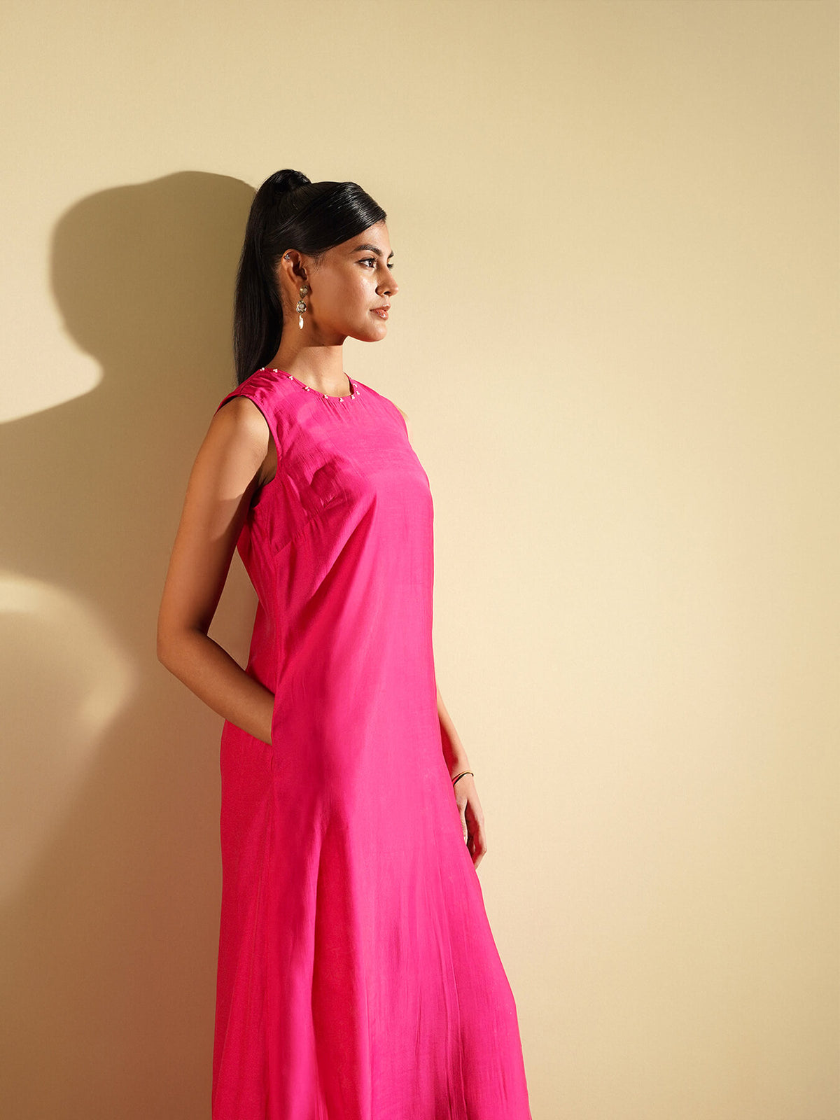 Viscose Silk Solid Kurta Set with Brocade Pant - Pink
