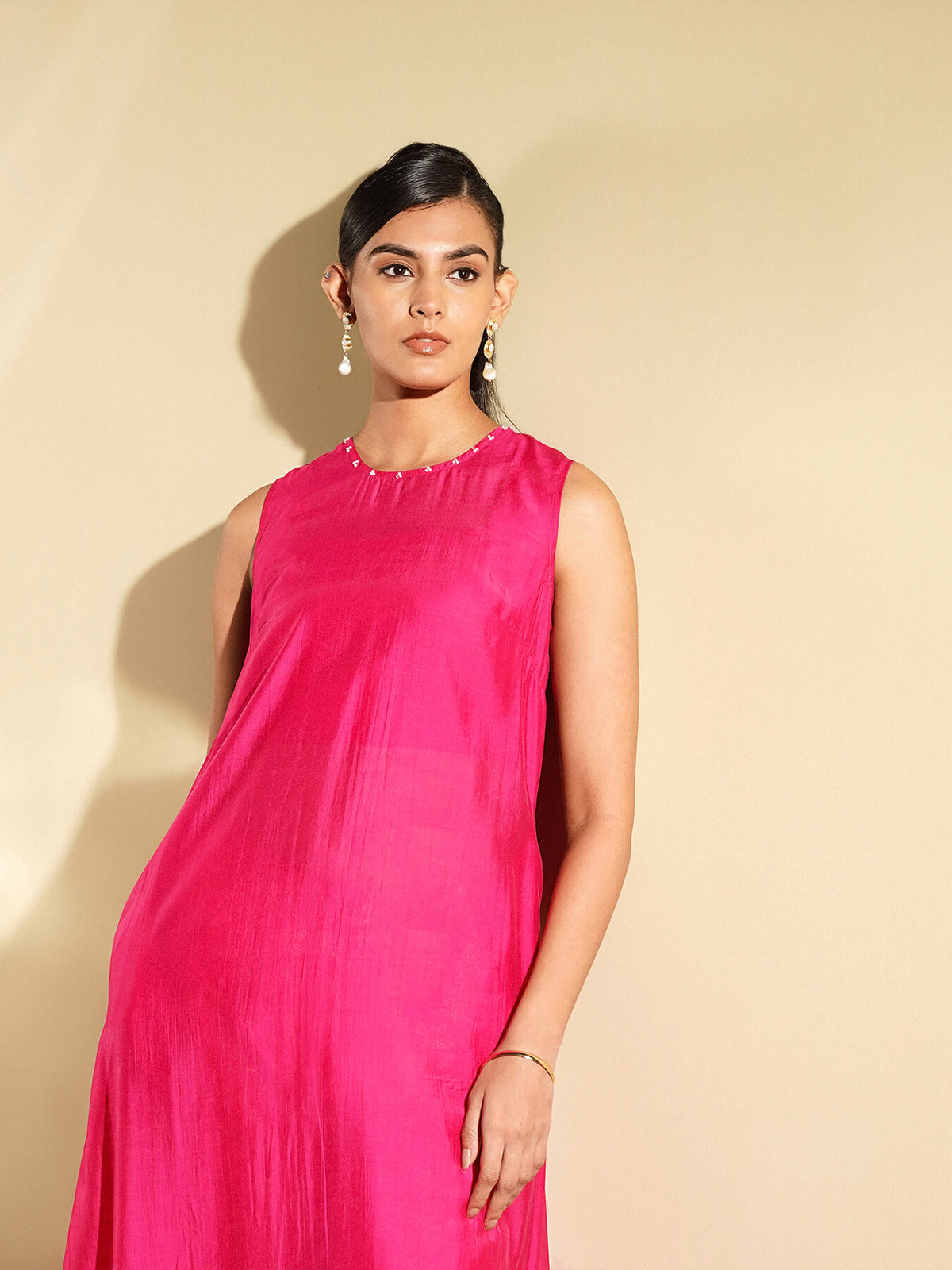 Viscose Silk Solid Kurta Set with Brocade Pant - Pink