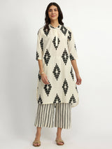 Cotton Geometric Print Kurta Set - White & Black