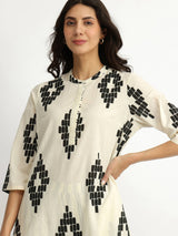 Cotton Geometric Print Kurta Set - White & Black