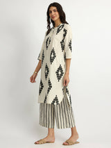 Cotton Geometric Print Kurta Set - White & Black