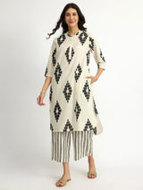 Cotton Geometric Print Kurta Set - White & Black