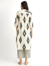 Cotton Geometric Print Kurta Set - White & Black