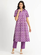 Cotton Dabu Geometric Kurta Set - Purple