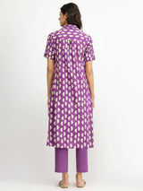Cotton Dabu Geometric Kurta Set - Purple