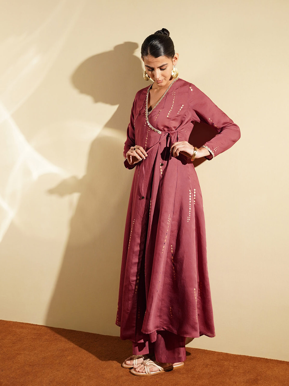 Viscose Silk Geometric A-Line Kurta Set - Peach