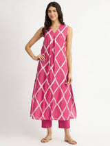 Cotton Dabu Geometric Kurta Set - Pink