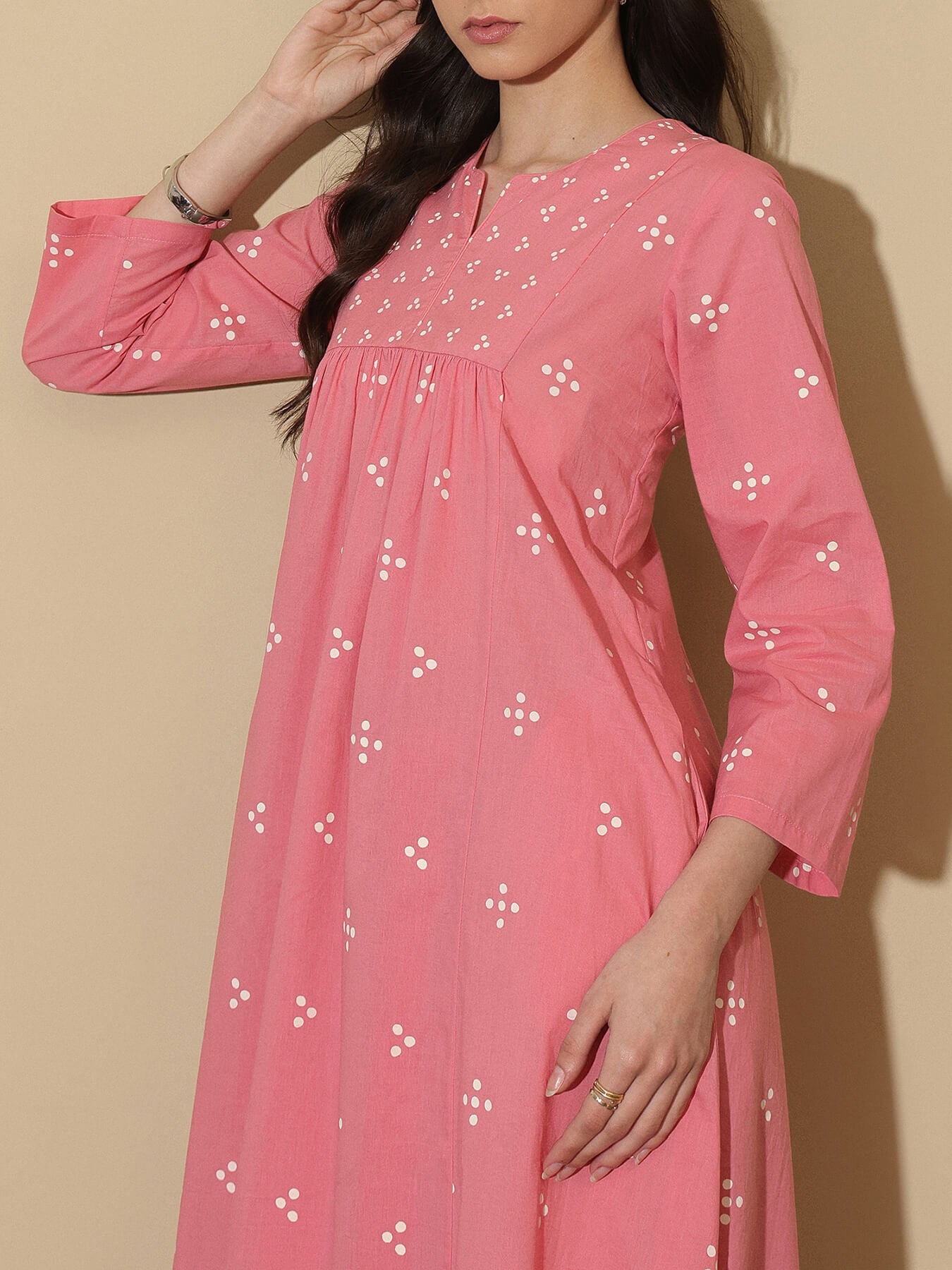 Cotton Tribal Round Neck Kurta Set - Pink