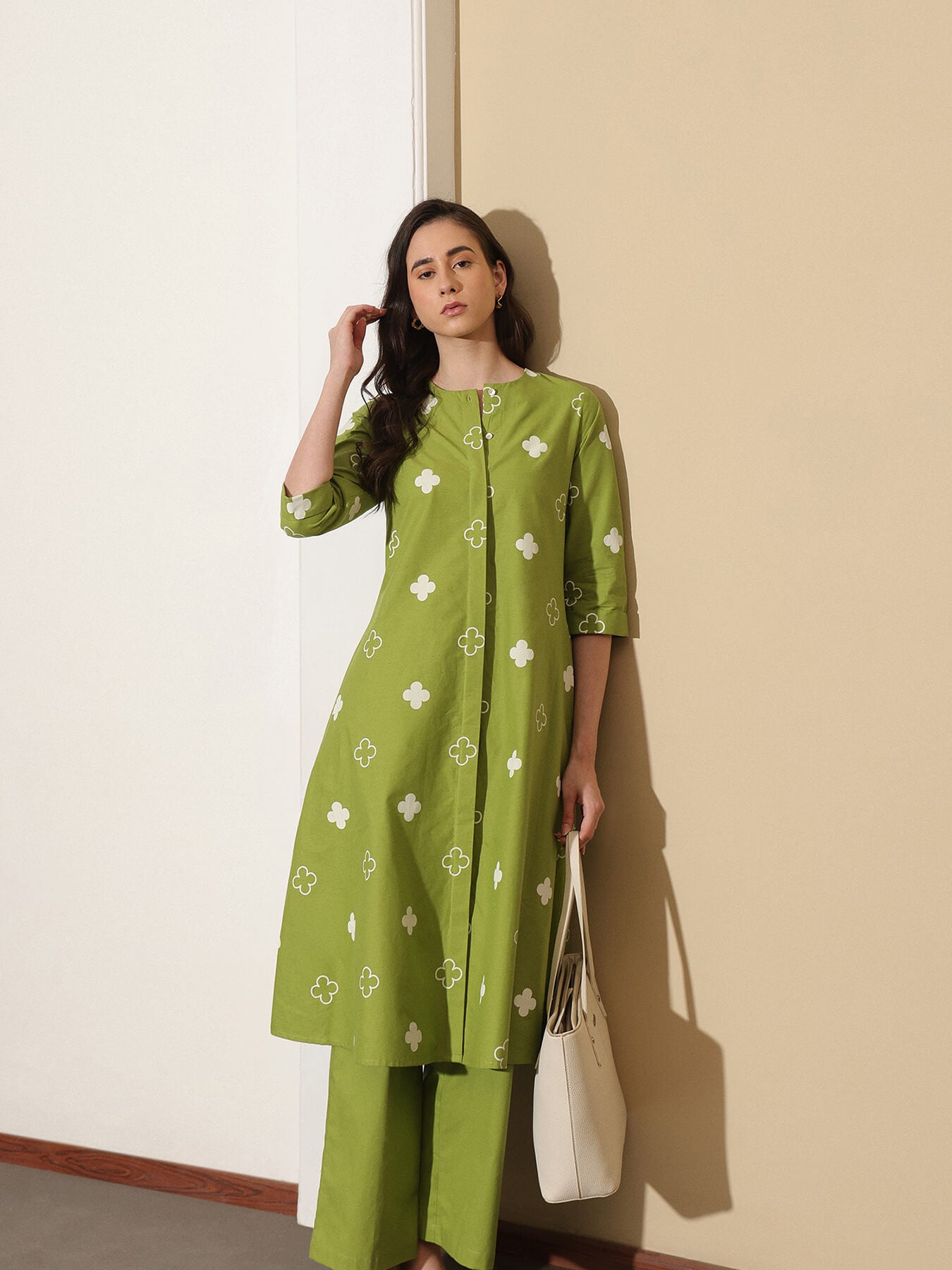 Cotton Floral A-Line Kurta Set - Green