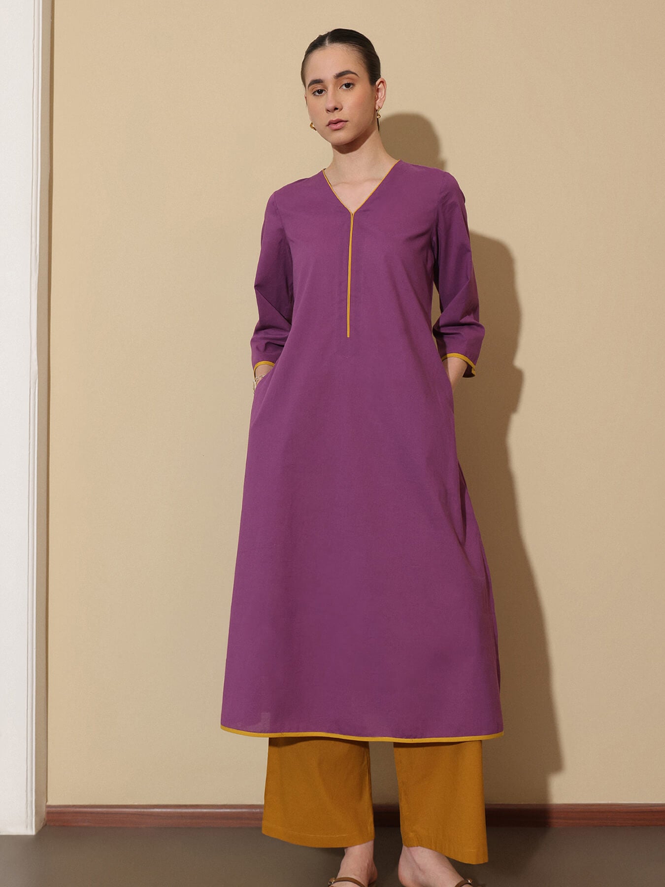 Cotton Solid Colourblock Kurta Set - Purple and Yellow