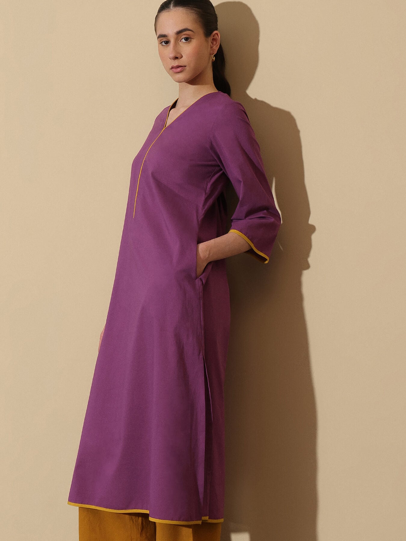Cotton Solid Colourblock Kurta Set - Purple and Yellow