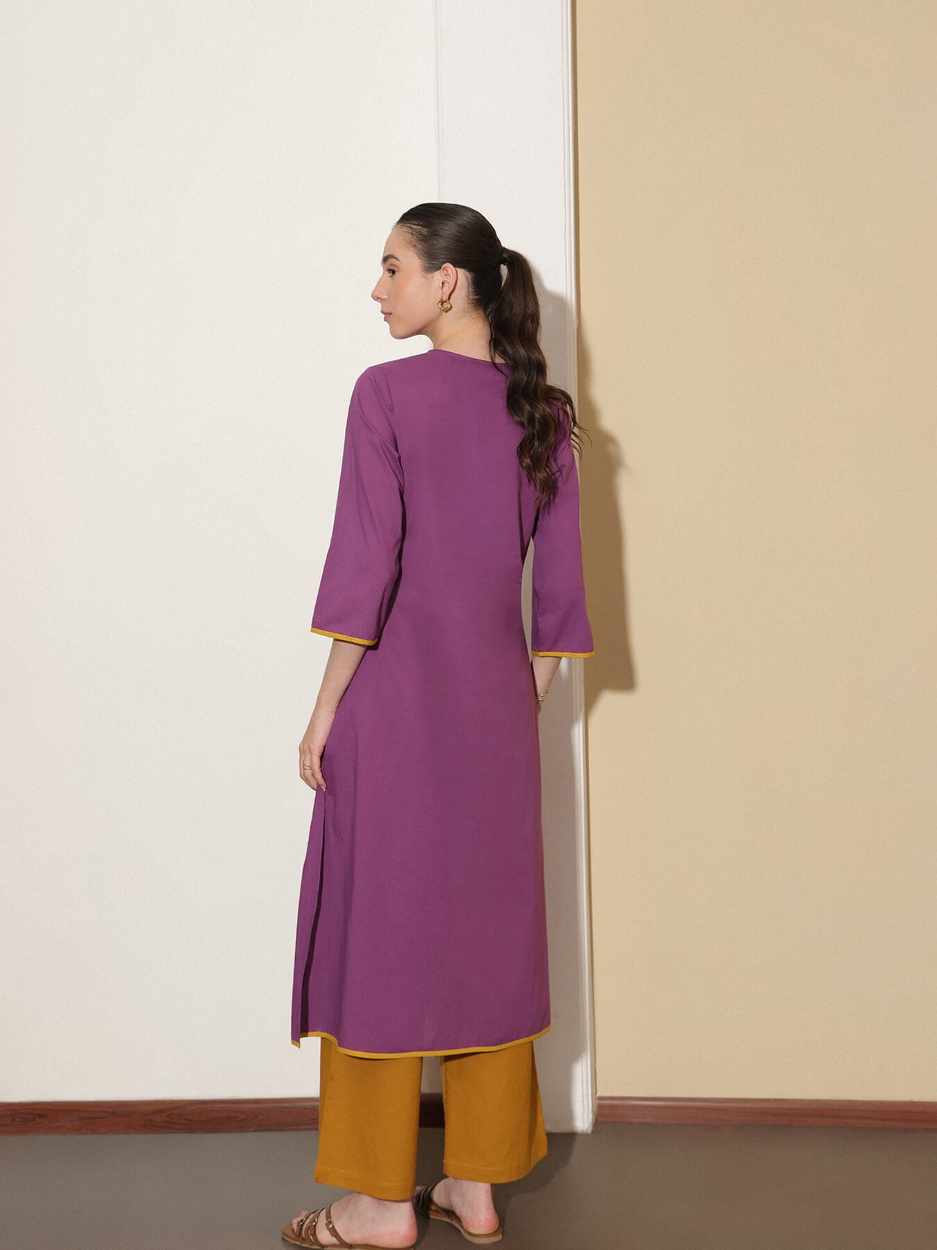 Cotton Solid Colourblock Kurta Set - Purple and Yellow