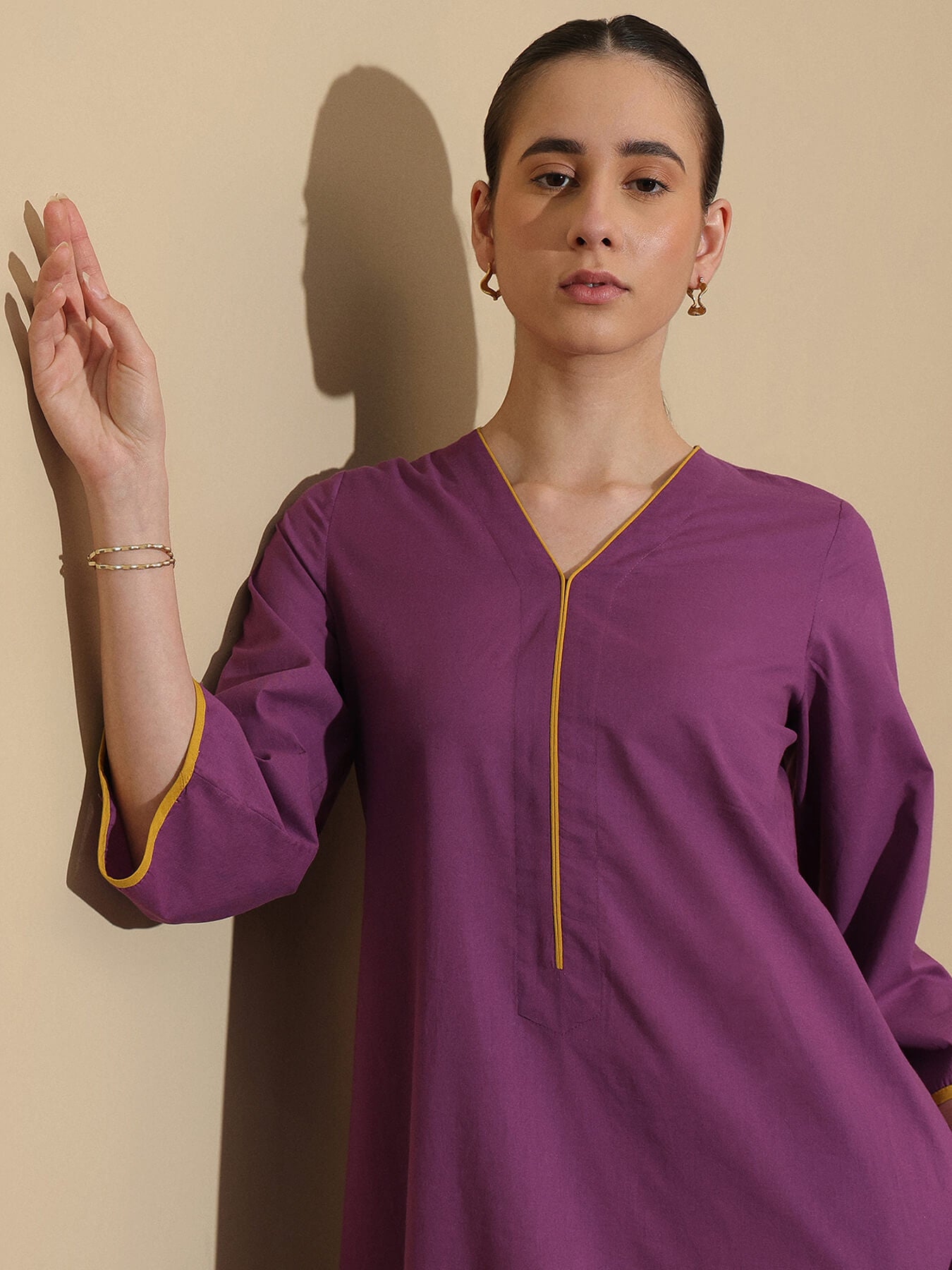 Cotton Solid Colourblock Kurta Set - Purple and Yellow