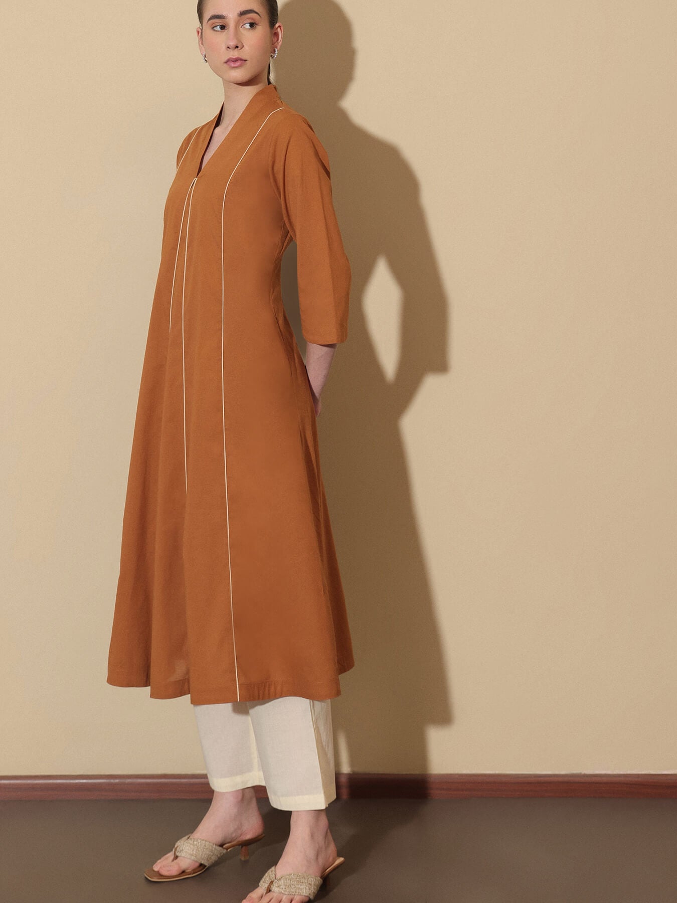 Cotton Solid Colourblock Kurta Set - Brown and Beige