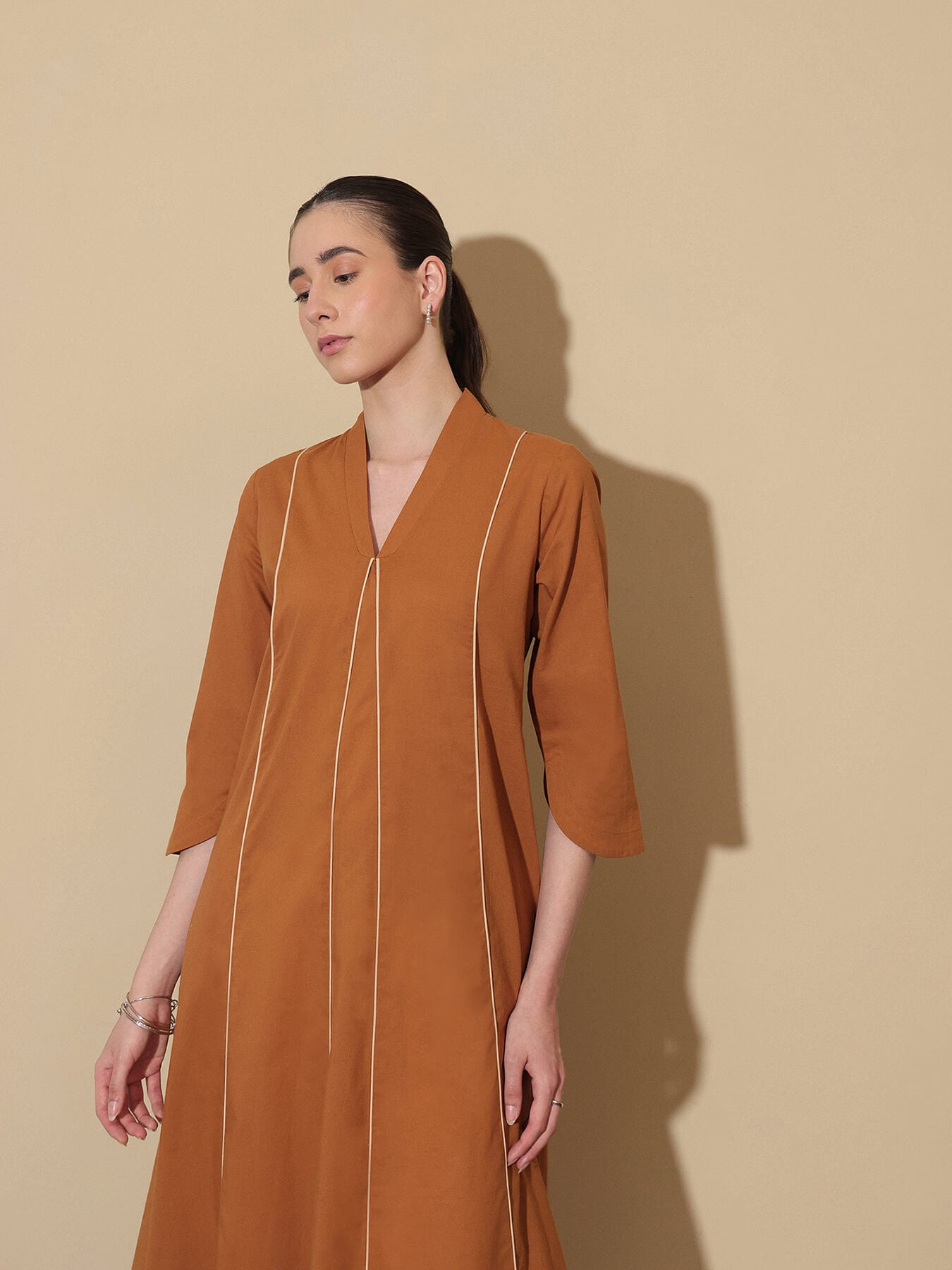 Cotton Solid Colourblock Kurta Set - Brown and Beige