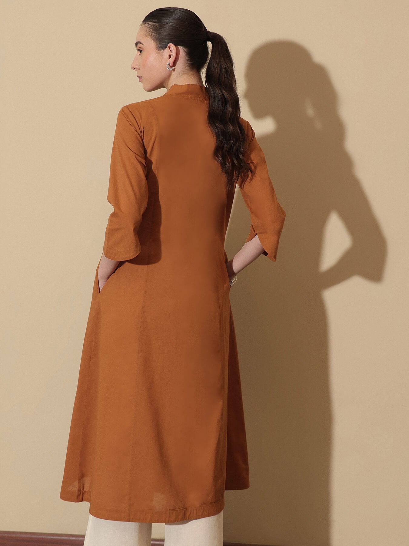 Cotton Solid Colourblock Kurta Set - Brown and Beige