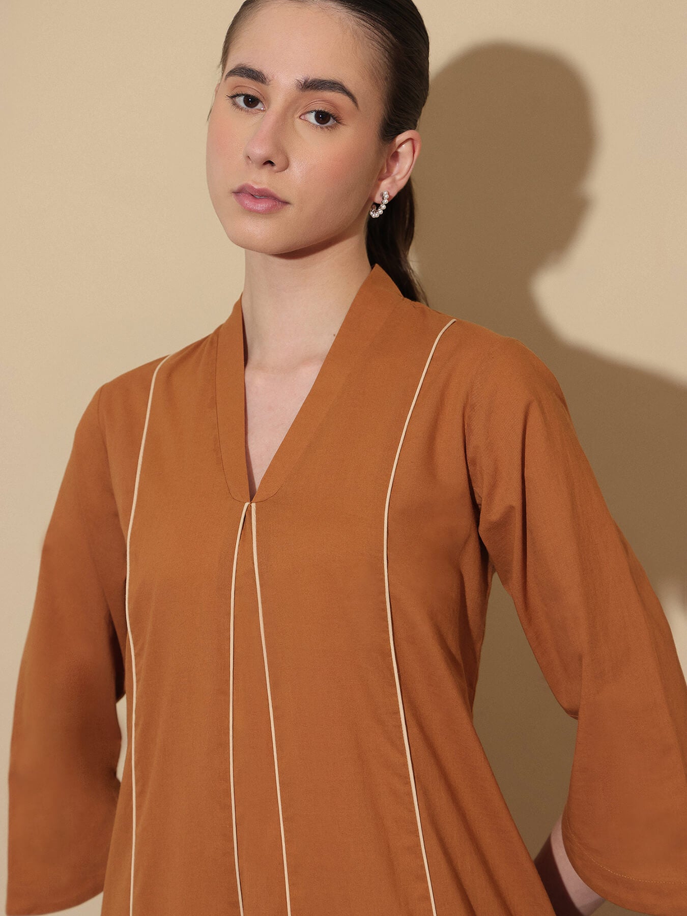 Cotton Solid Colourblock Kurta Set - Brown and Beige