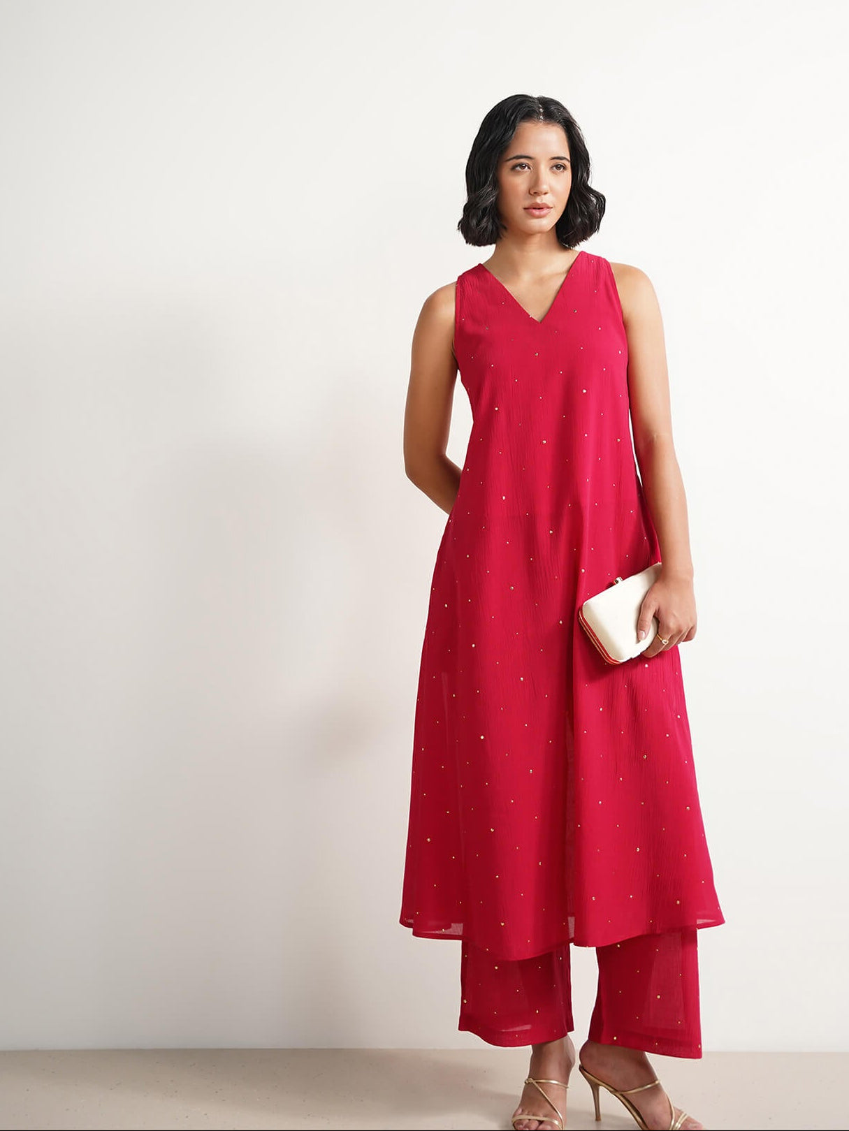 Chiffon Embroidered A-Line Kurta Set - Red