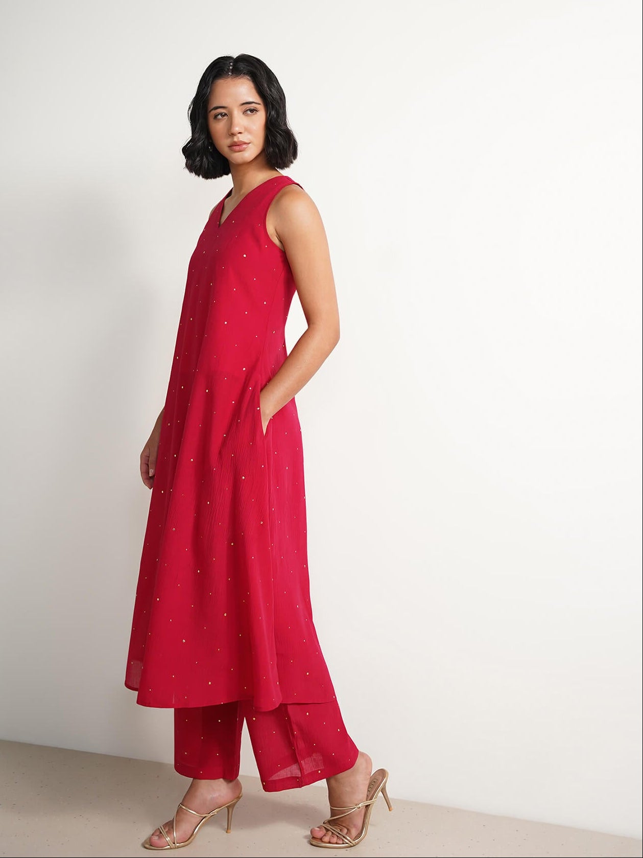 Chiffon Embroidered A-Line Kurta Set - Red