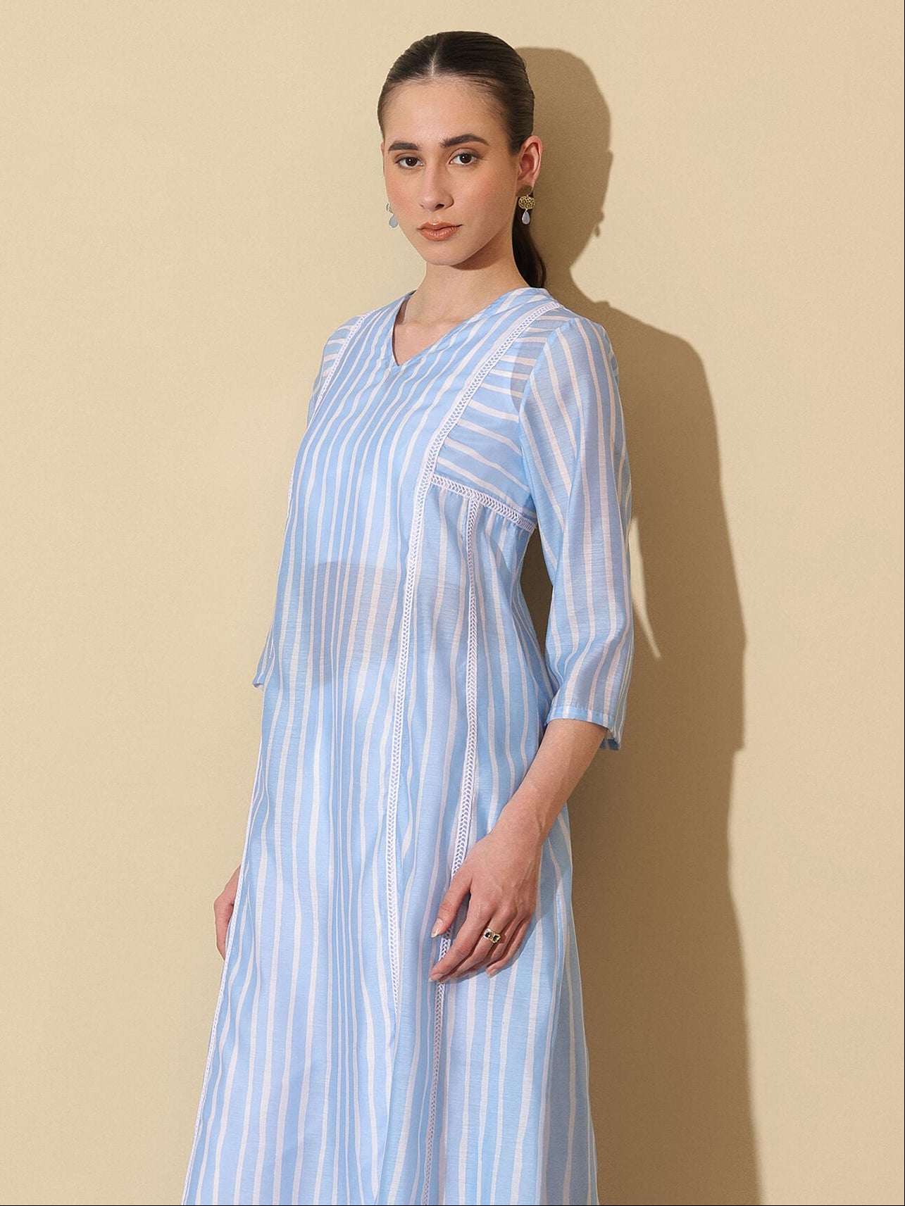 Chanderi Striped A-Line Kurta Set - White