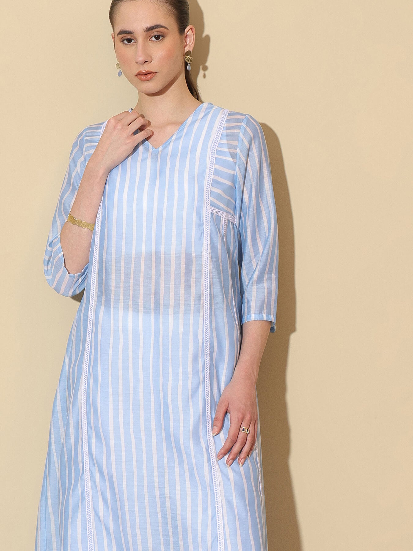 Chanderi Striped A-Line Kurta Set - White