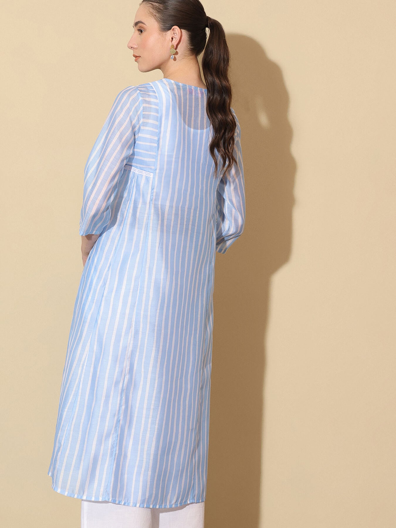 Chanderi Striped A-Line Kurta Set - White