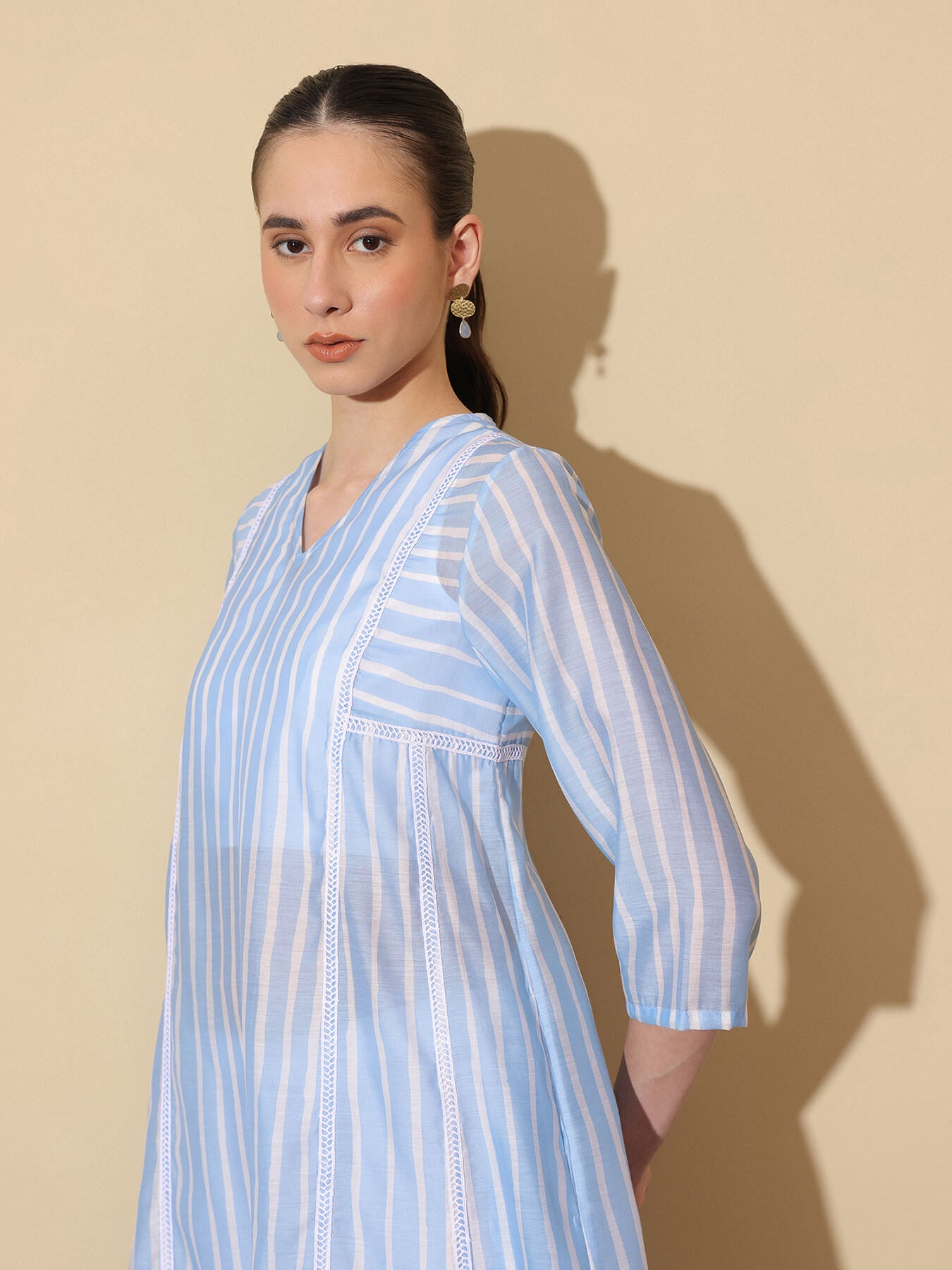 Chanderi Striped A-Line Kurta Set - White