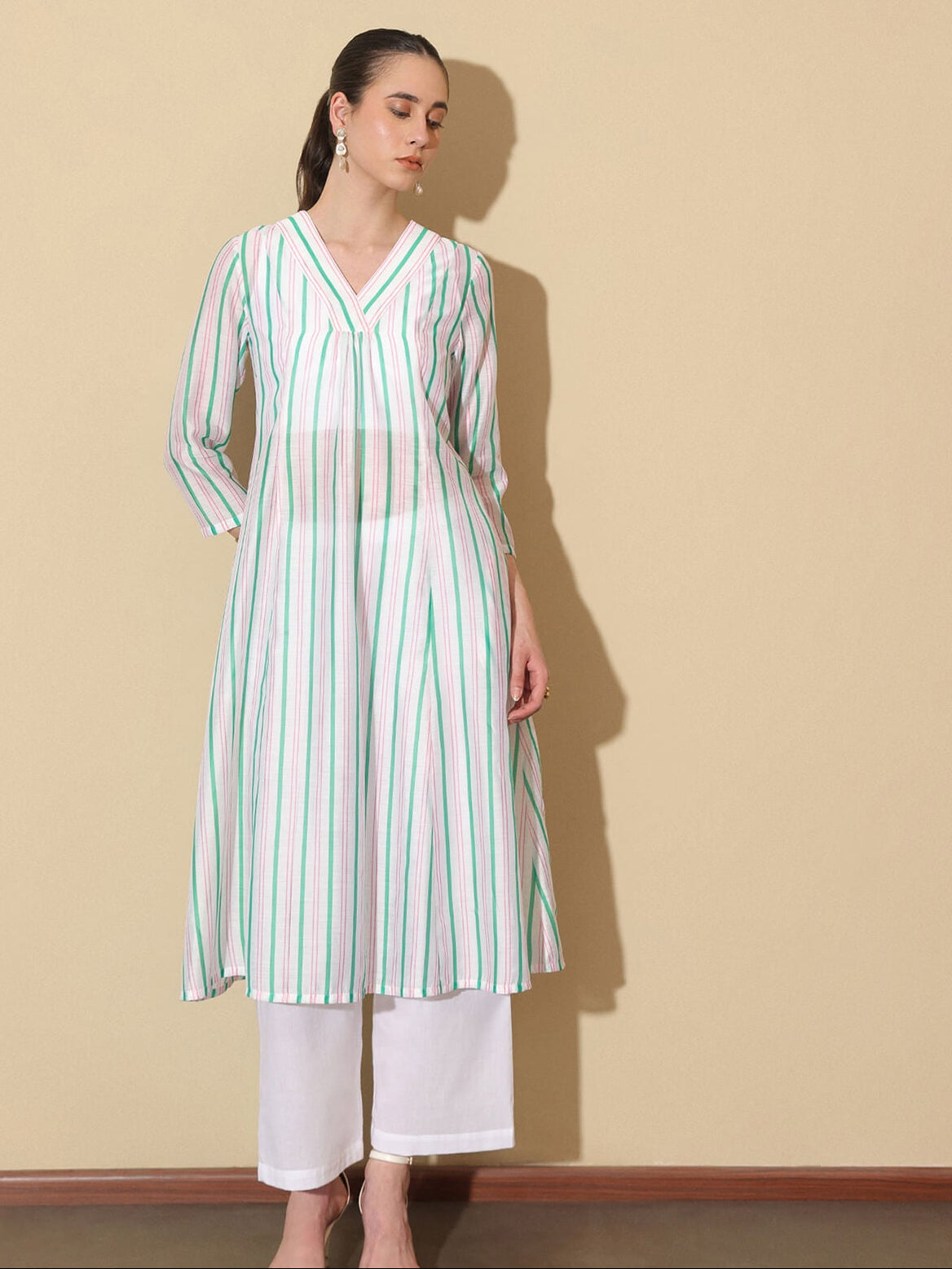 Chanderi Striped V-Neck Kurta Set - White