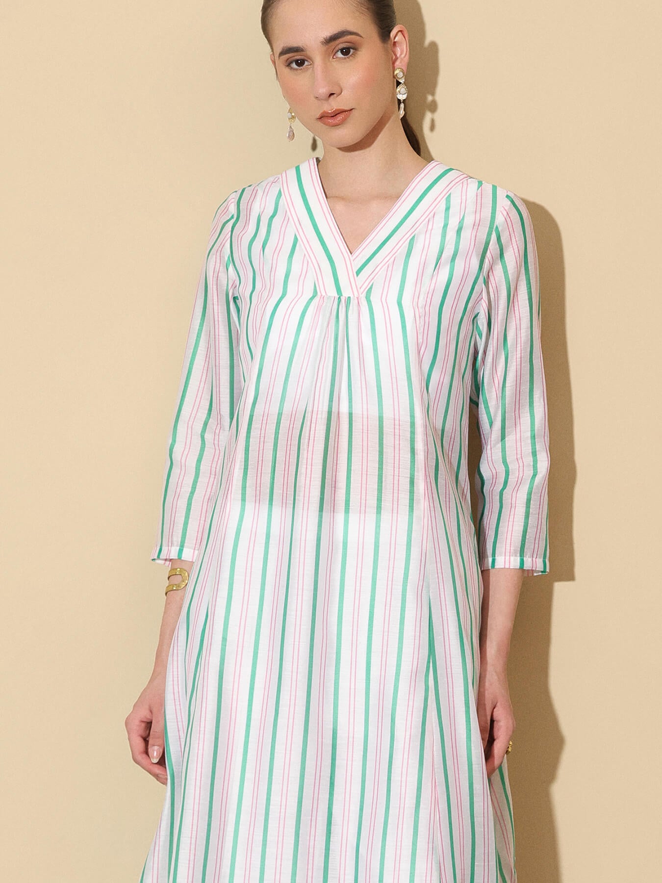 Chanderi Striped V-Neck Kurta Set - White