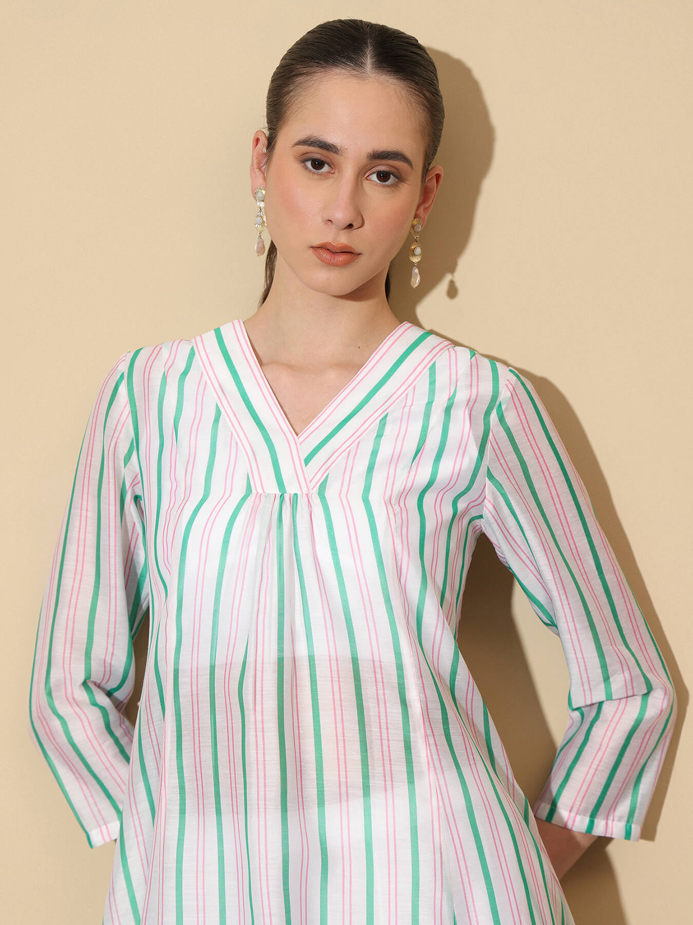 Chanderi Striped V-Neck Kurta Set - White