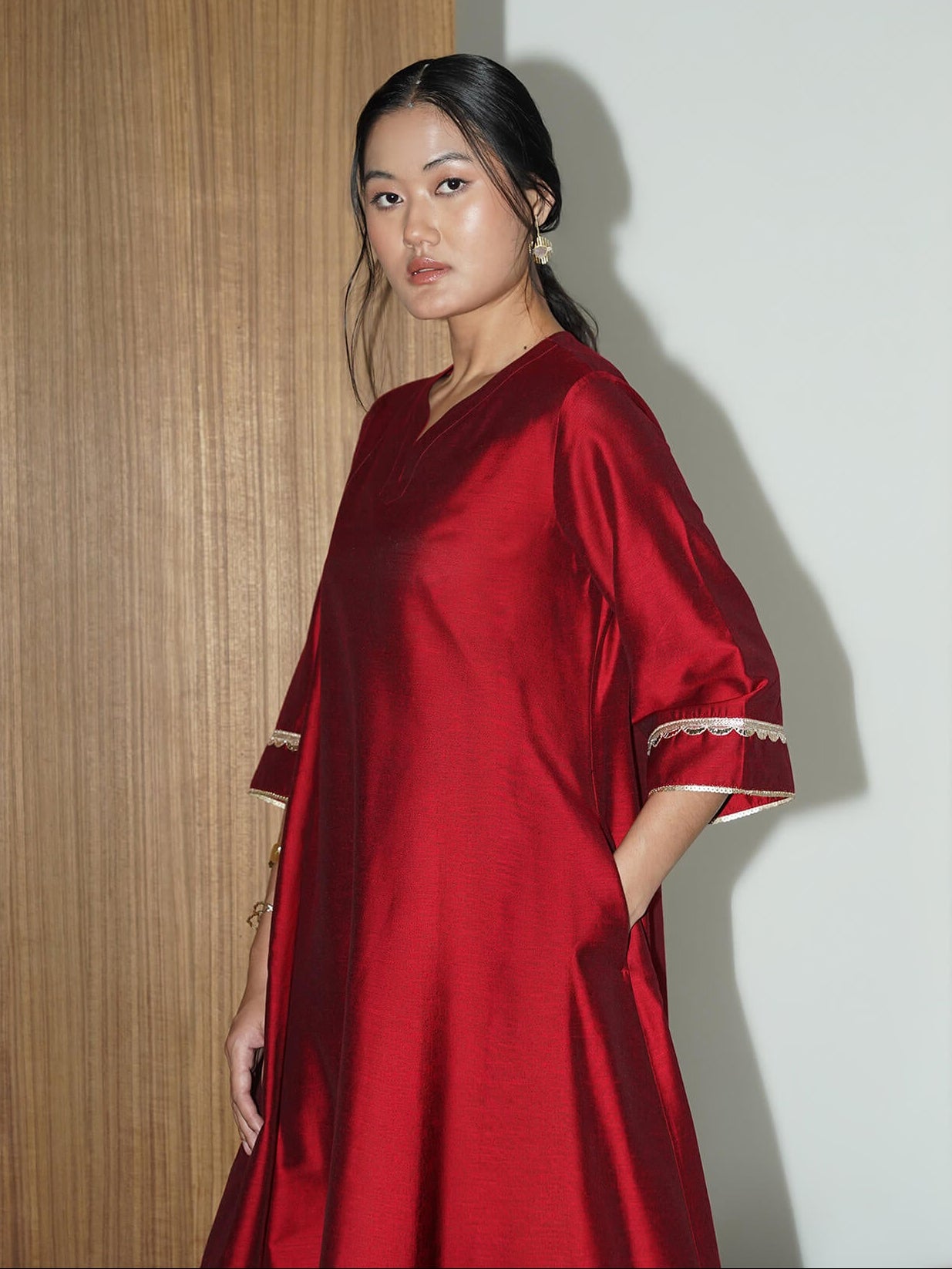 Viscose Solid A-Line Kurta Set - Red