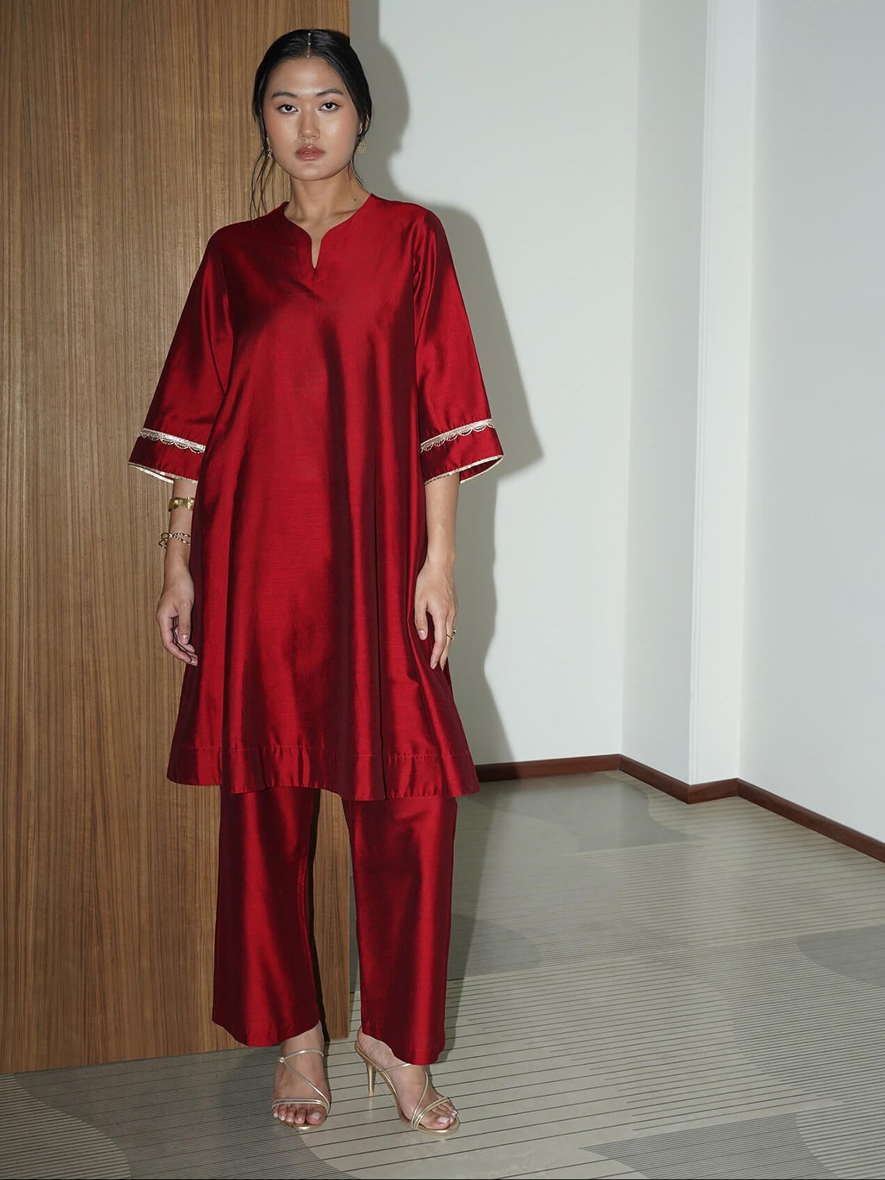 Viscose Solid A-Line Kurta Set - Red