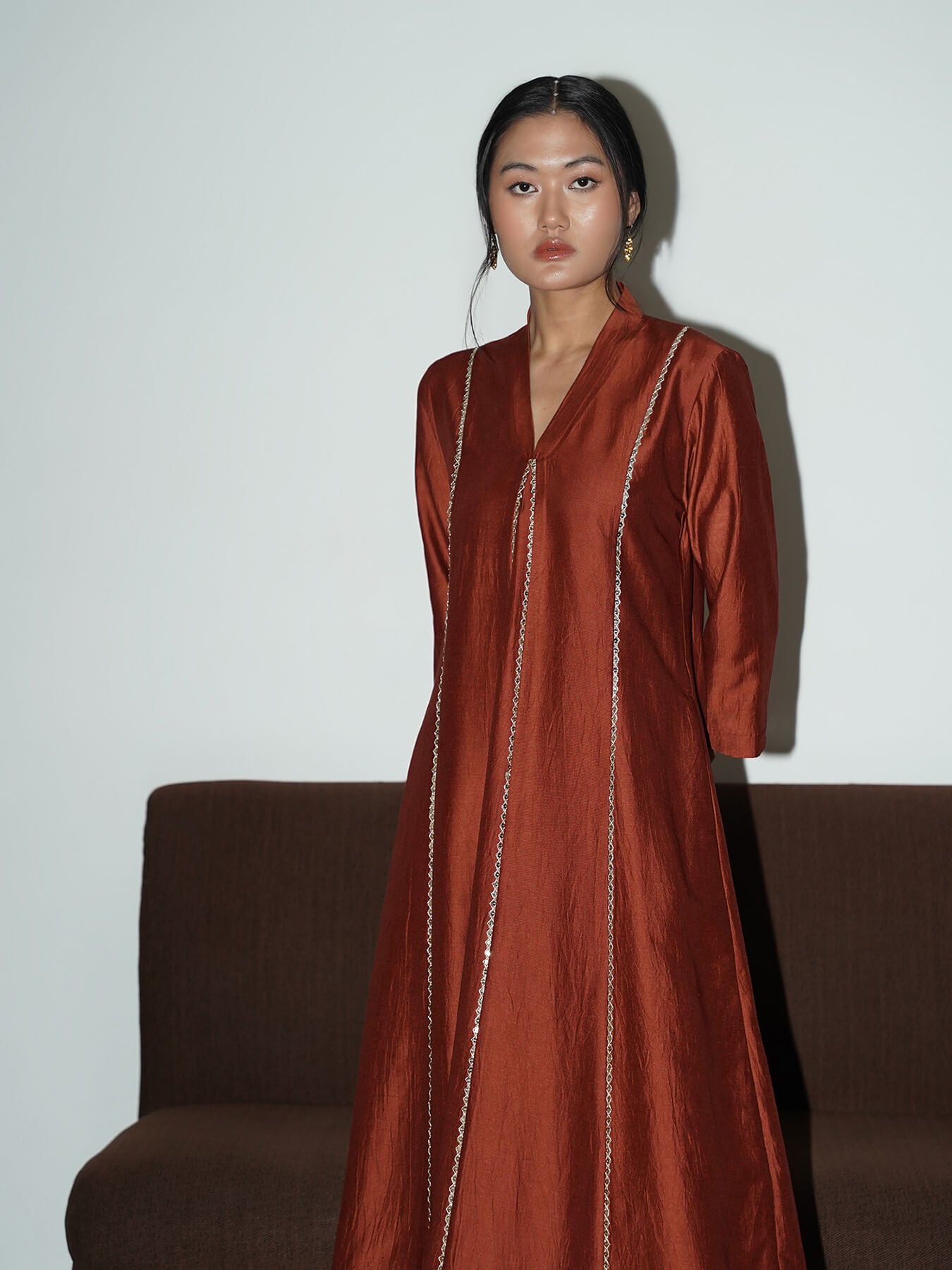 Silk Blend Solid A-Line Kurta Set - Rust