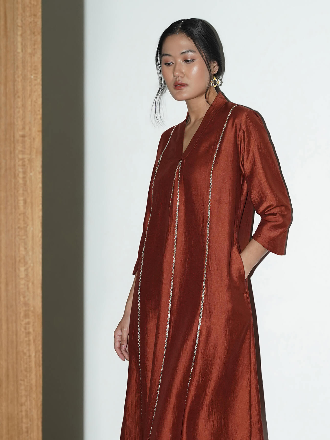 Silk Blend Solid A-Line Kurta Set - Rust