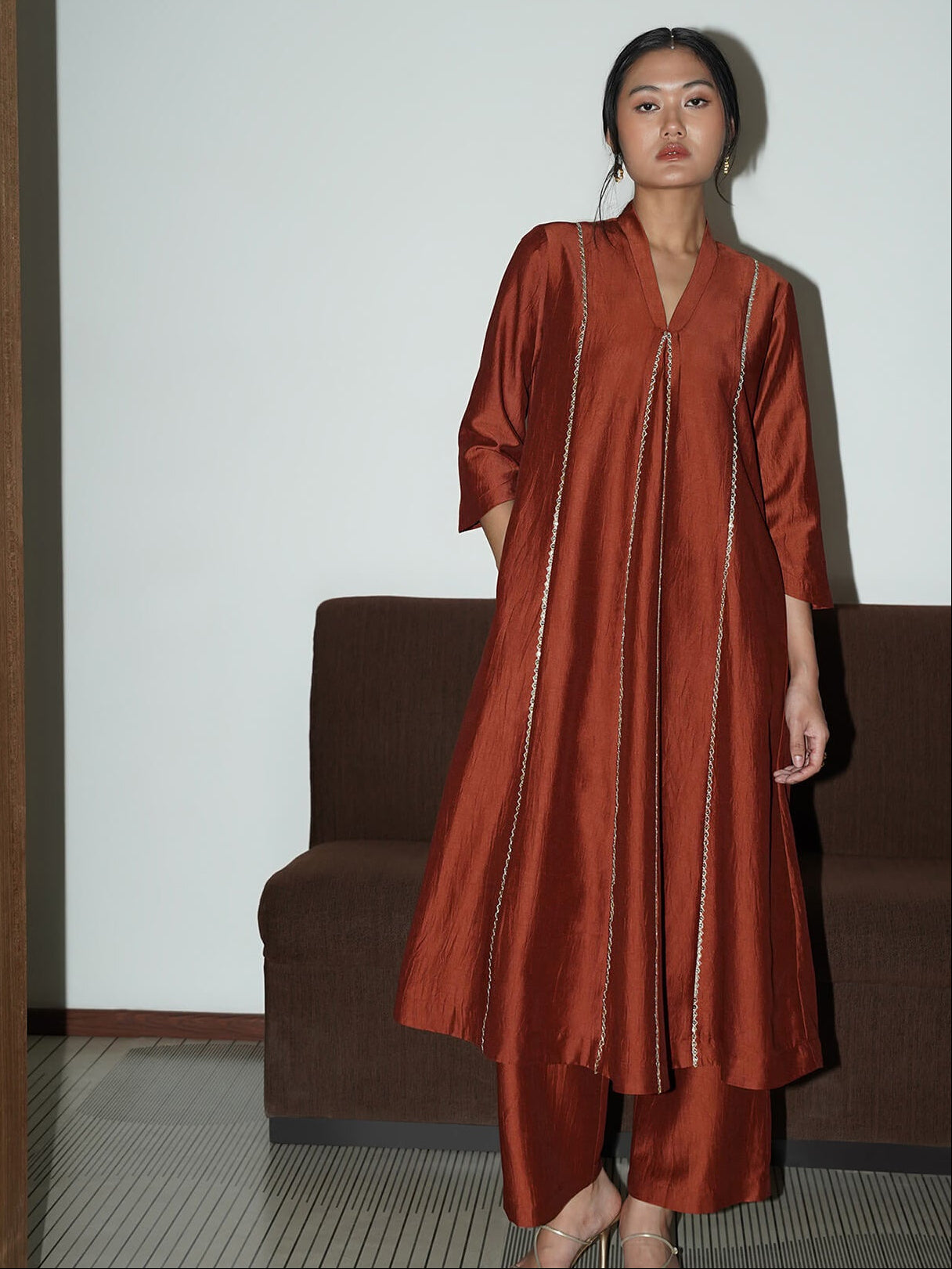 Silk Blend Solid A-Line Kurta Set - Rust