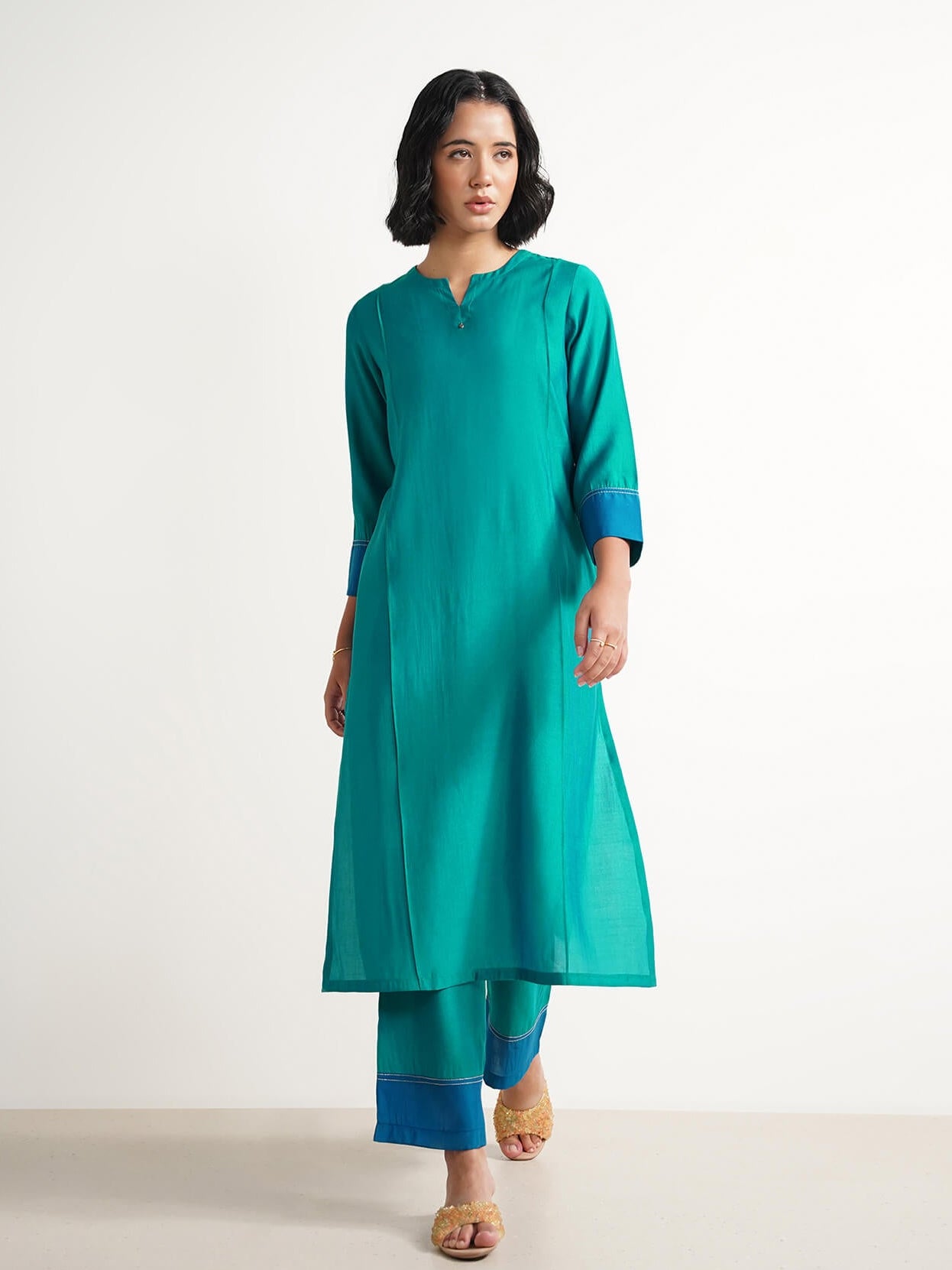 Viscose Colourblock Straight Kurta Set - Teal