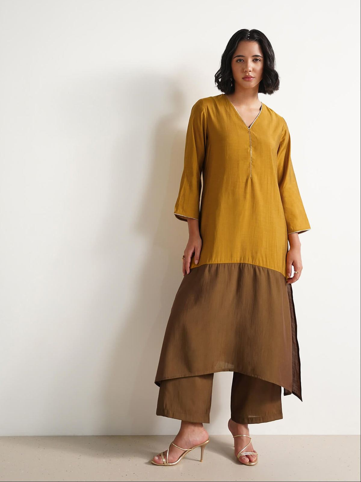 Viscose Colourblock A-Line Kurta Set - Mustard & Olive