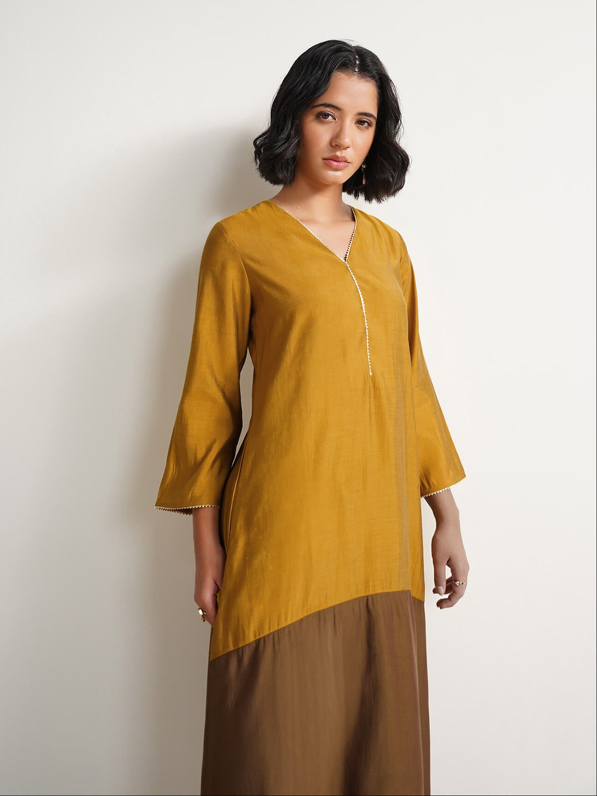 Viscose Colourblock A-Line Kurta Set - Mustard & Olive