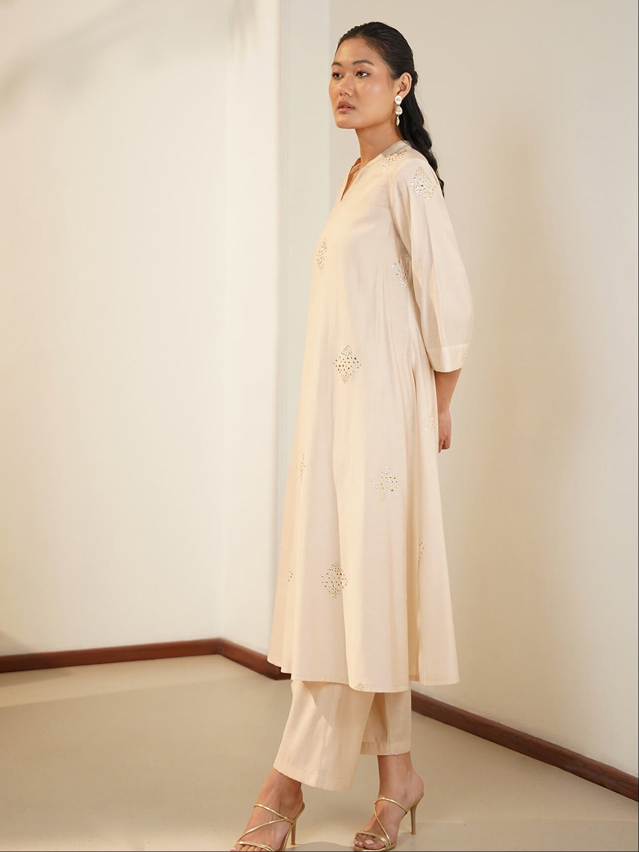 Silk Blend Solid V-Neck Kurta Set - Beige