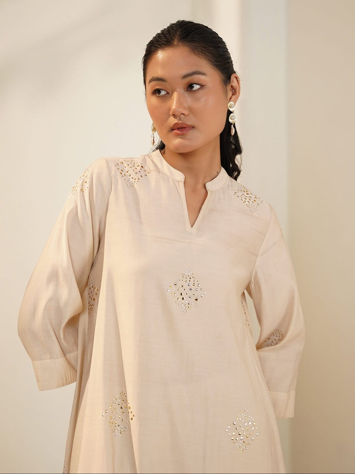Silk Blend Solid V-Neck Kurta Set - Beige