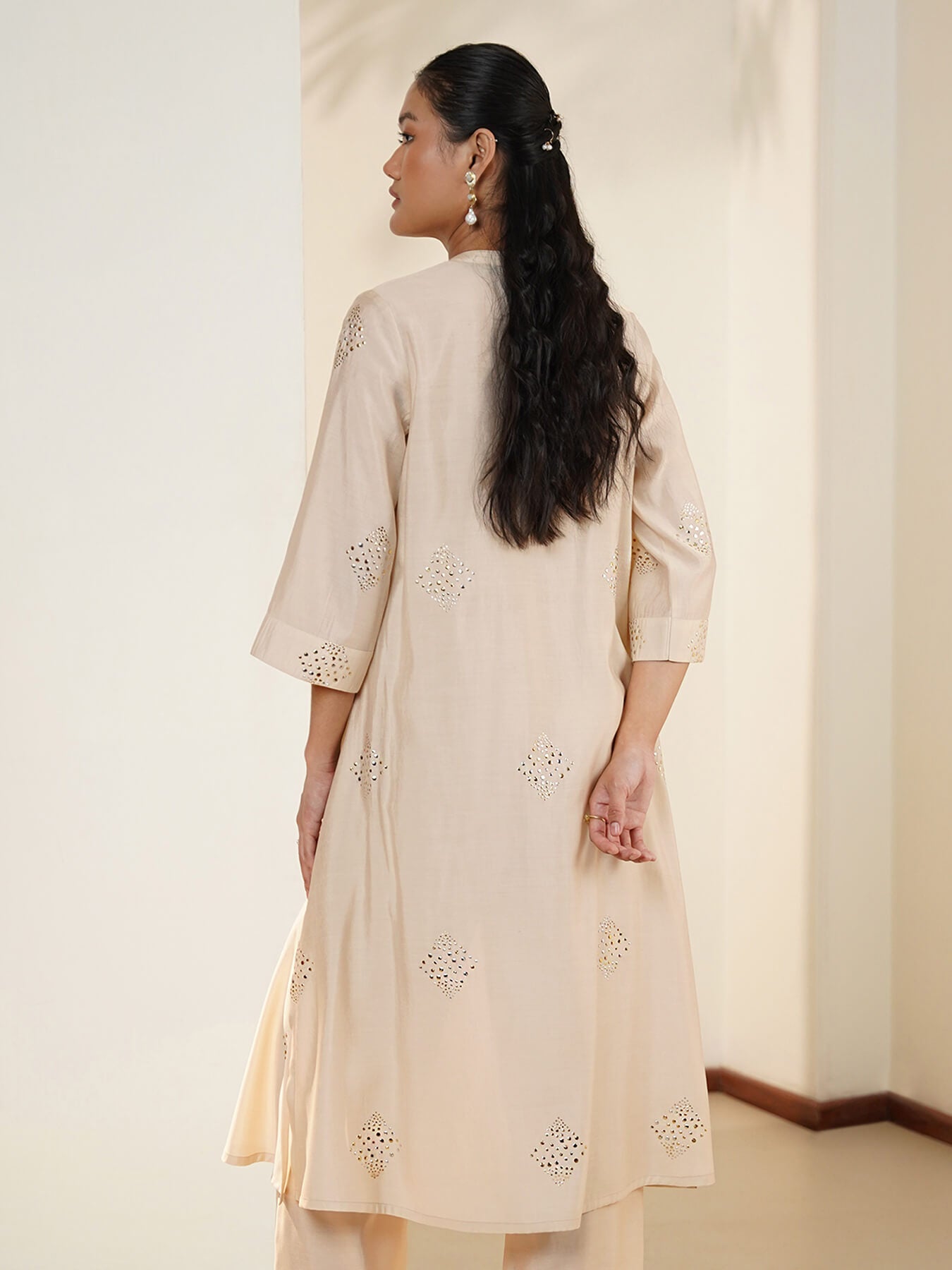 Silk Blend Solid V-Neck Kurta Set - Beige