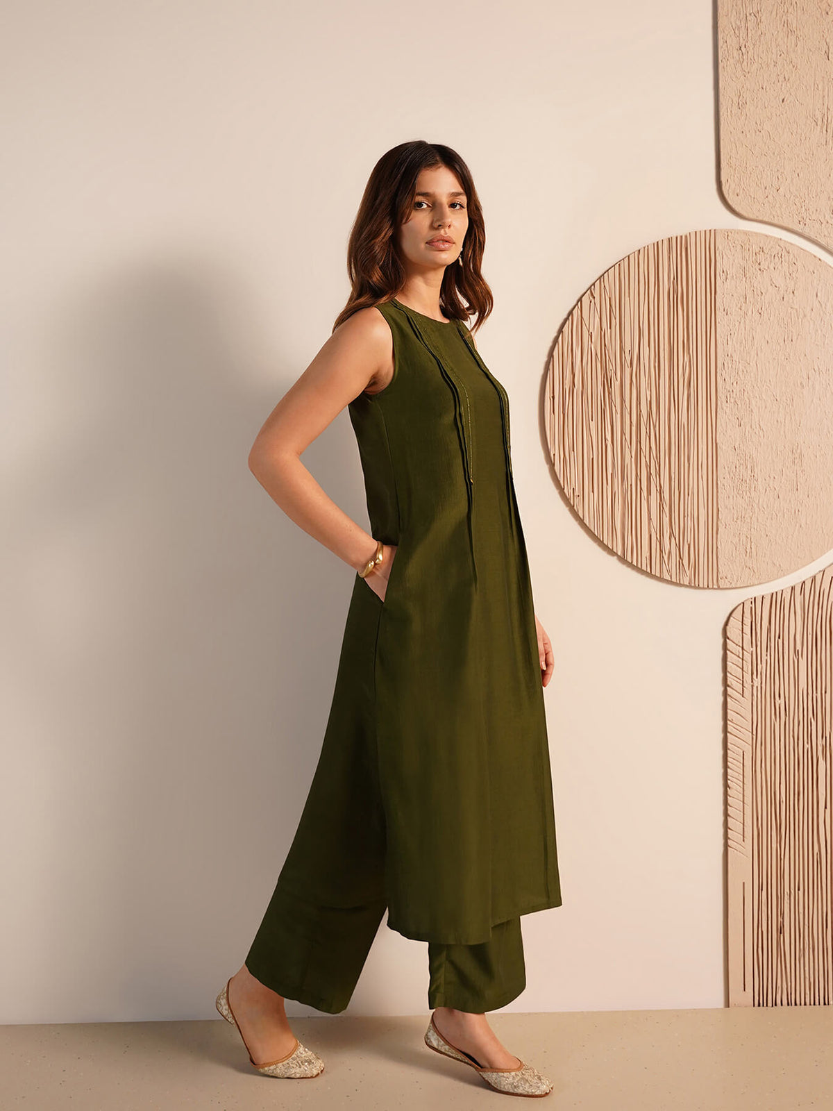 Viscose Silk Solid Kurta Set - Olive