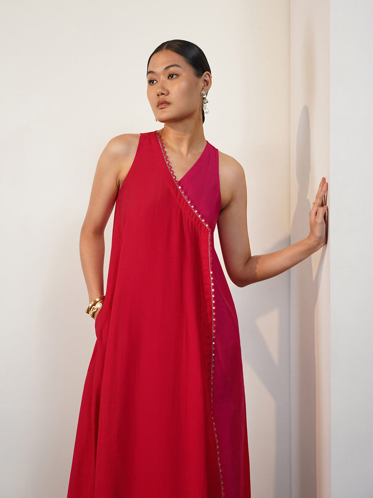 Viscose Silk Colourblock Kurta Set - Pink & Red