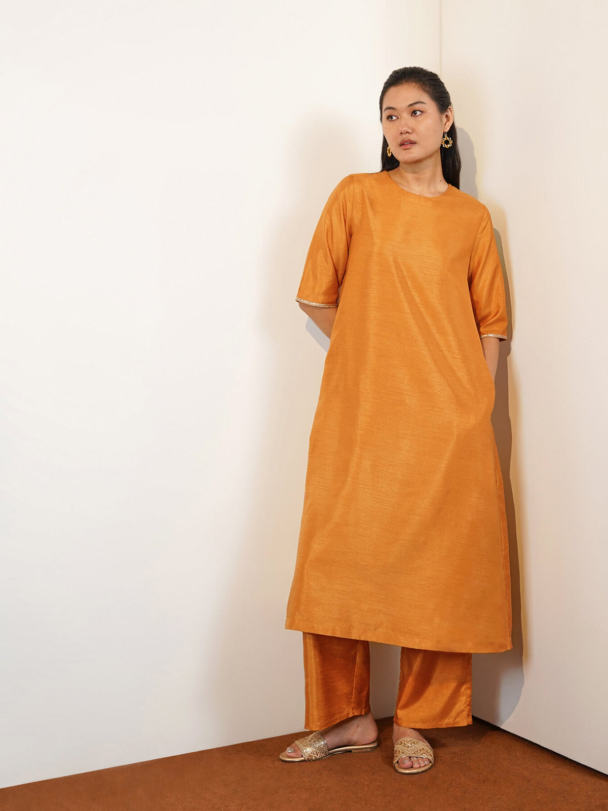 Silk Blend Solid Straight Kurta Set - Yellow