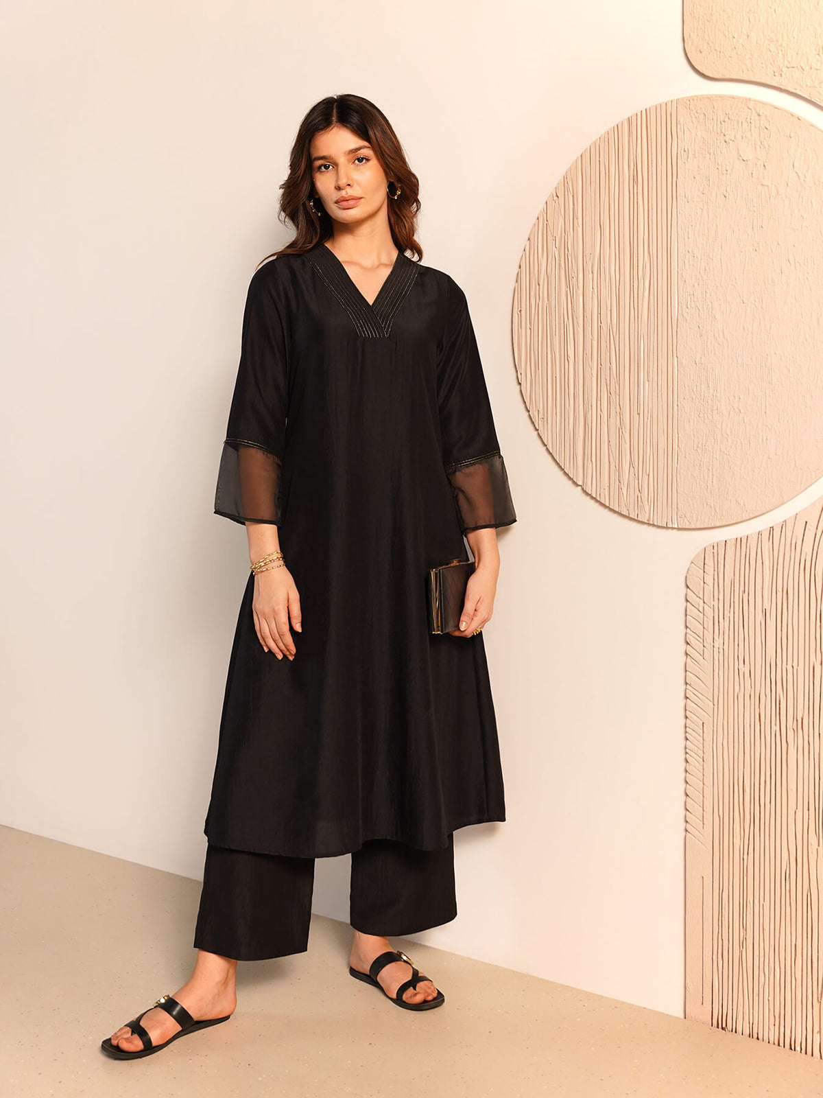Silk Blend Solid Kurta Set - Black