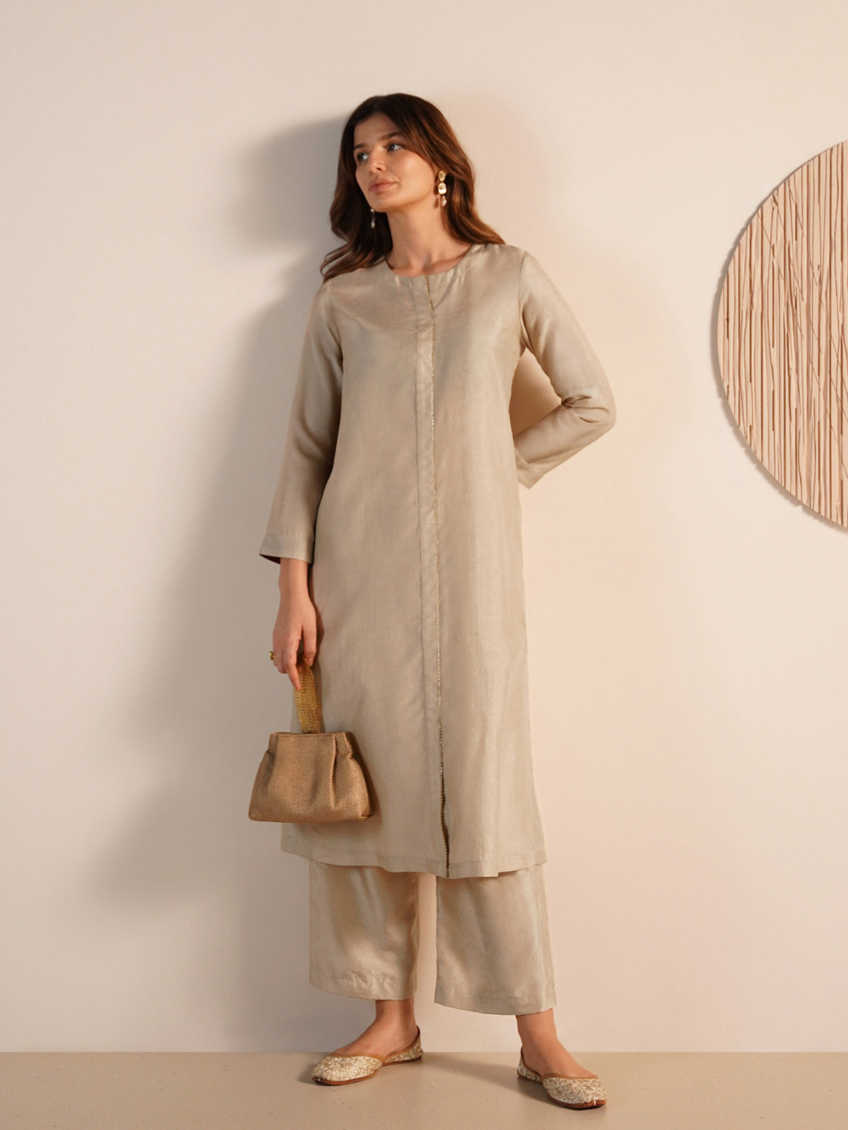 Silk Blend Solid A-Line Kurta Set - Cream