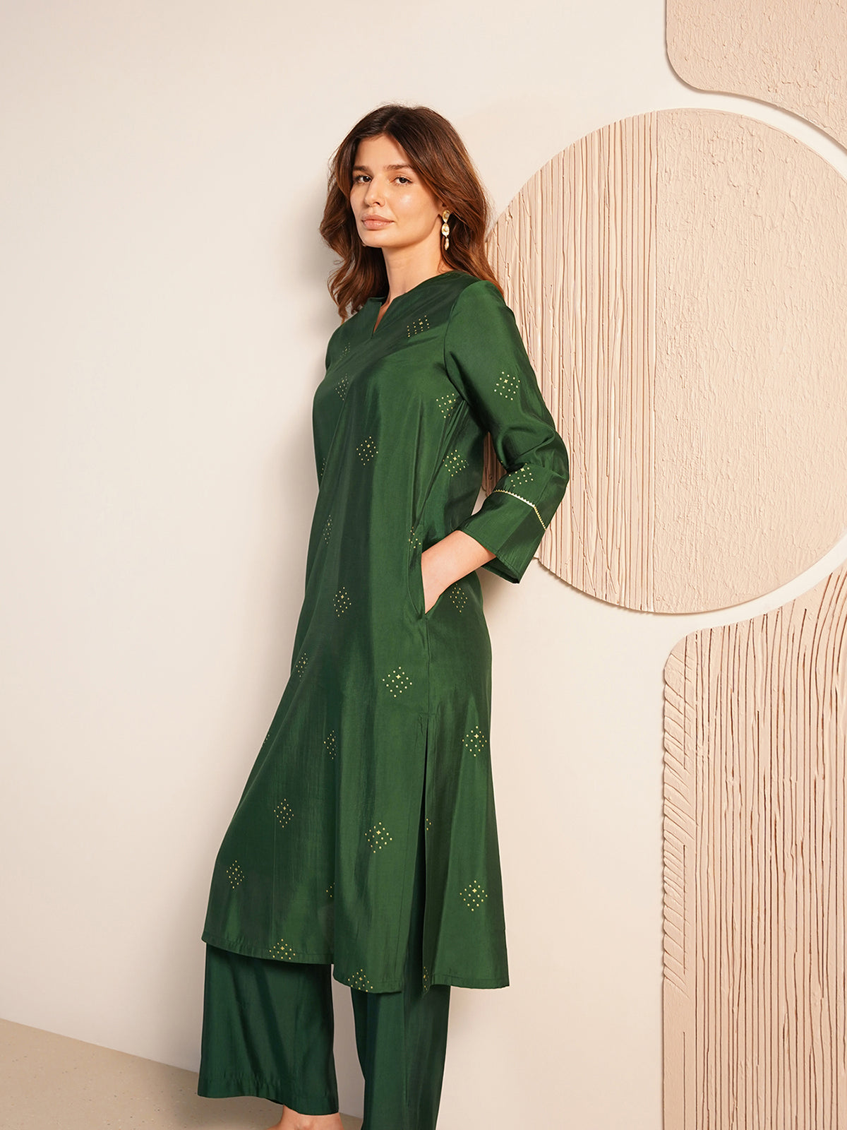 Viscose Silk Geometric Print Kurta Set - Green