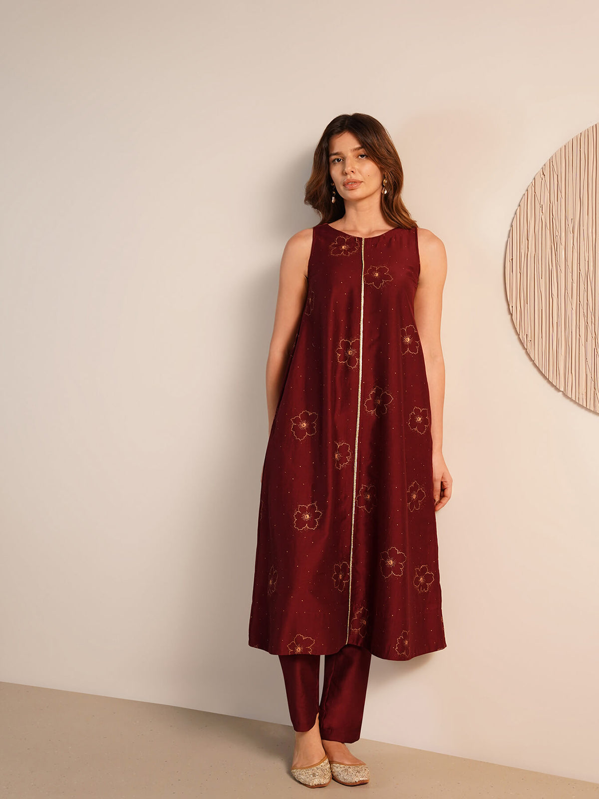 Viscose Silk Floral Kurta Set - Maroon