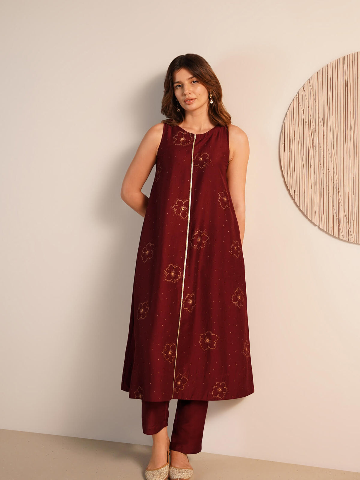 Viscose Silk Floral Kurta Set - Maroon
