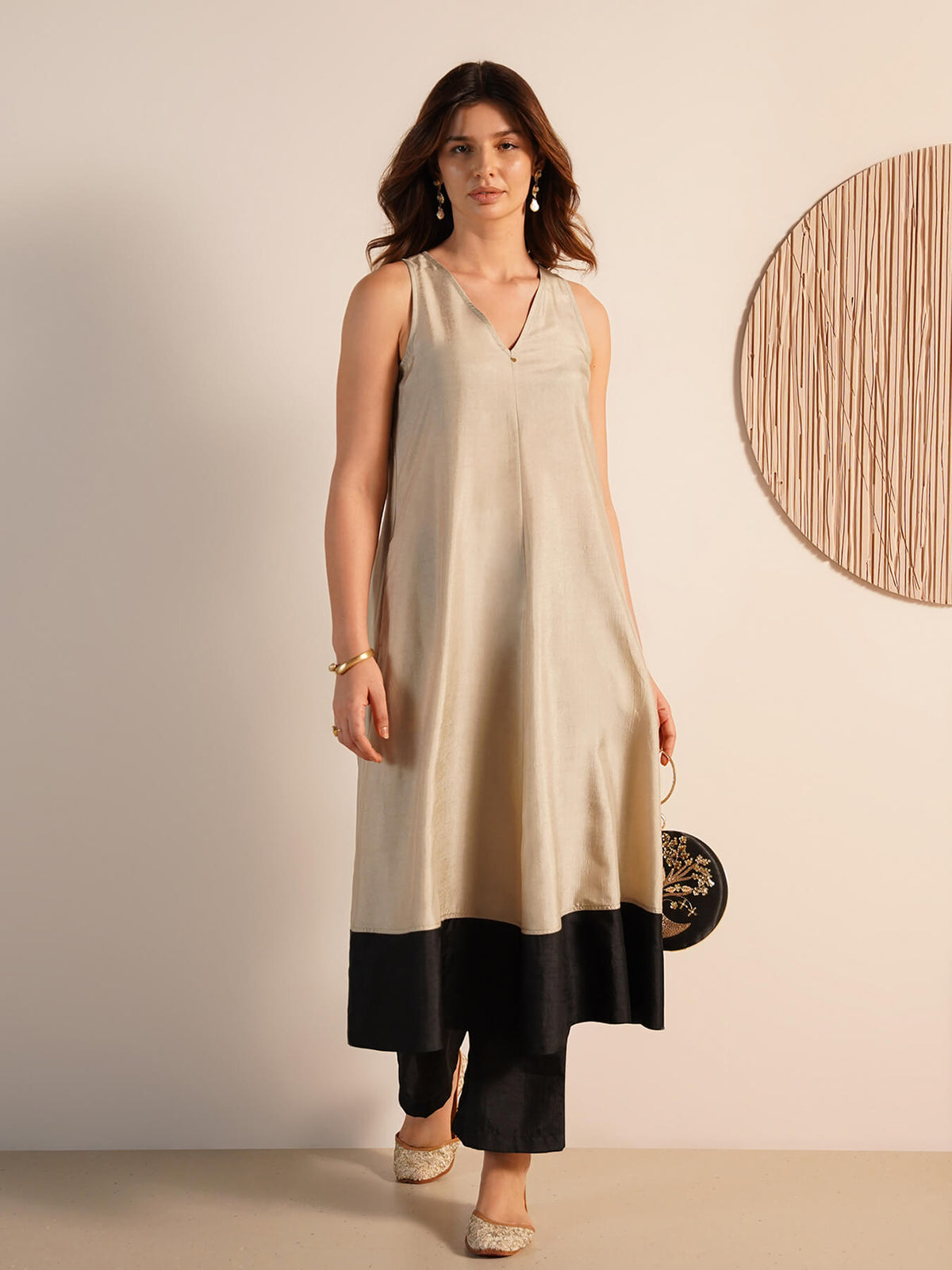 Silk Blend Colourblock A-Line Kurta Set - Cream and Black